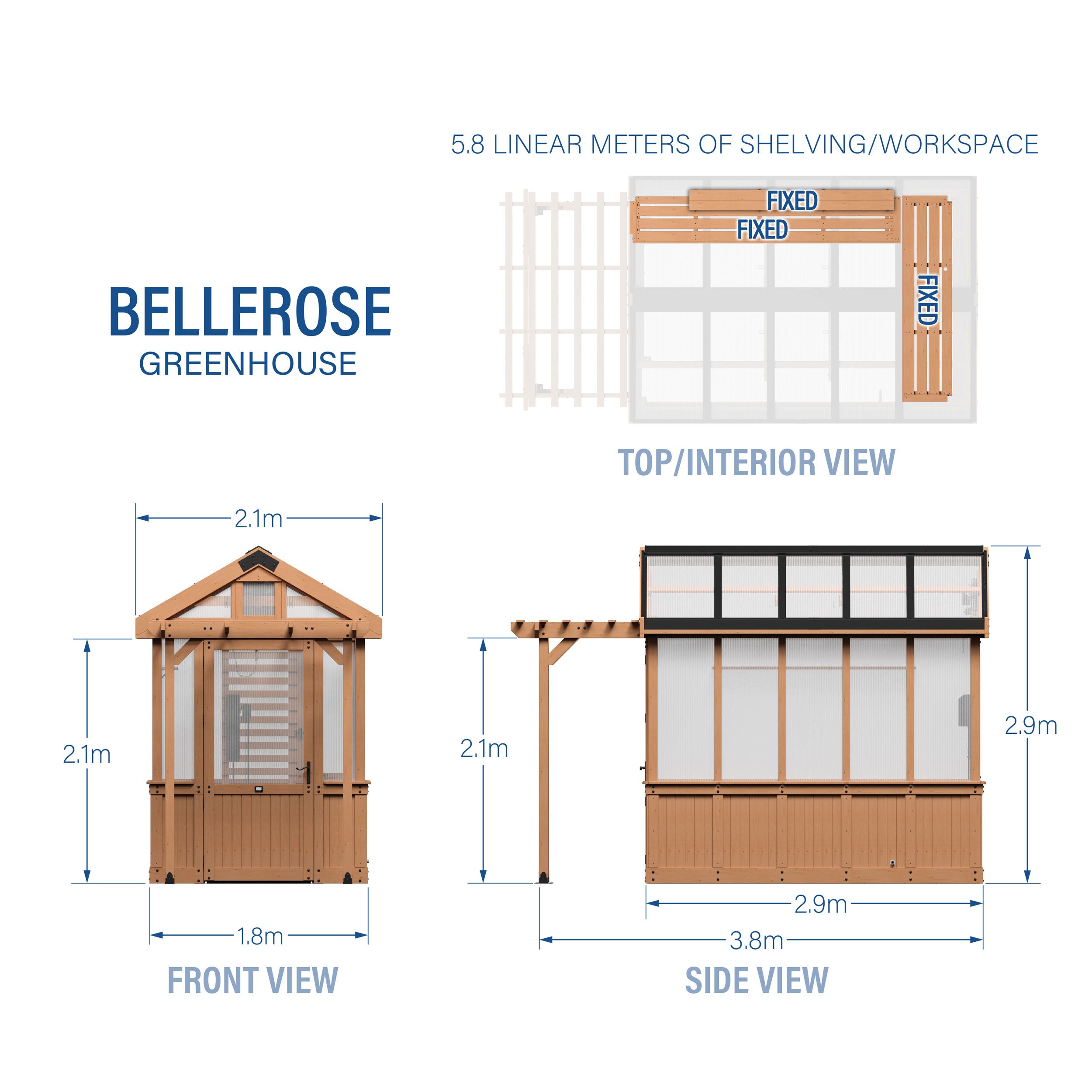 2.7m x 1.8m Bellerose Greenhouse Metric Dimensions