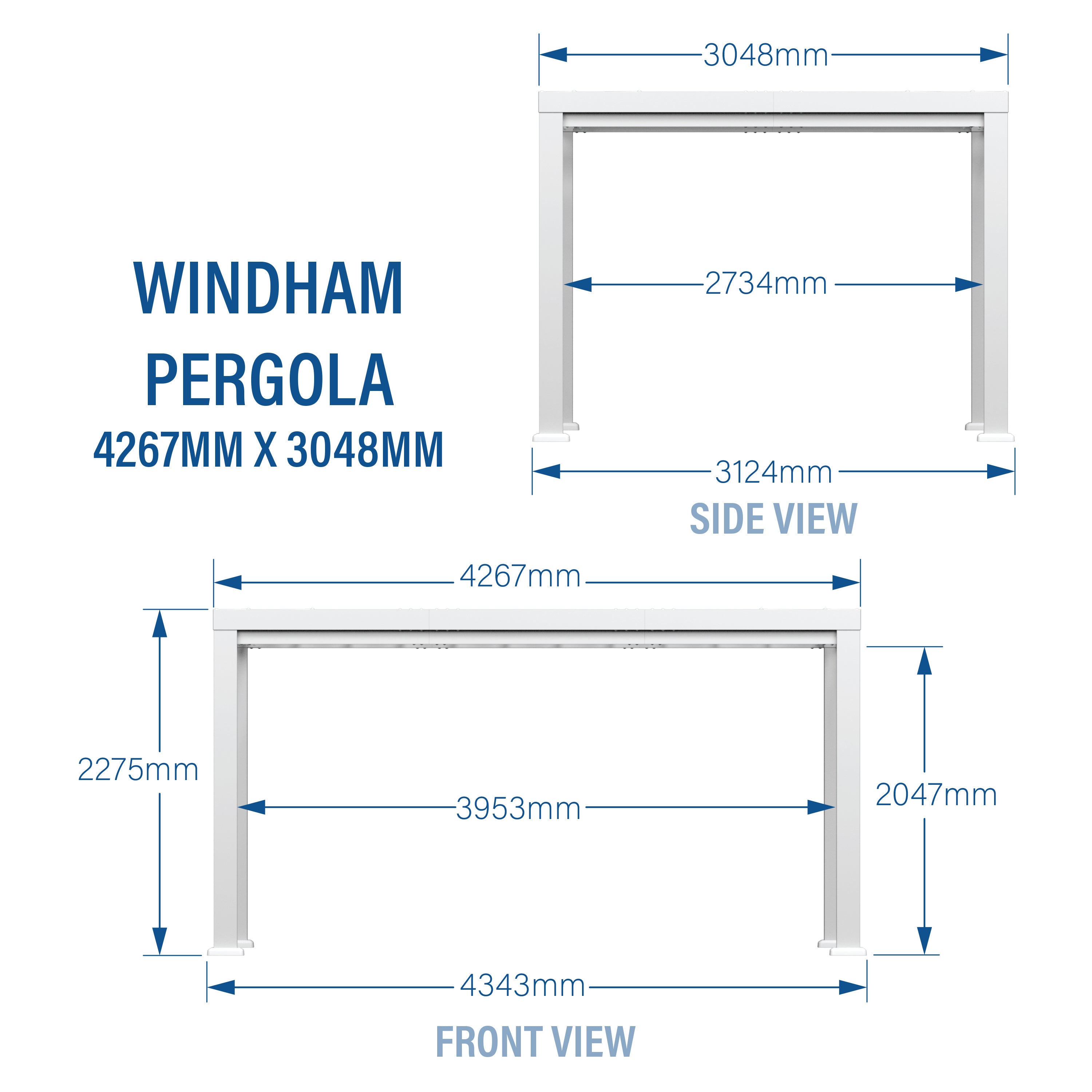 3m x 4.3m 2.3m Windham Modern Steel Pergola - Dimensions