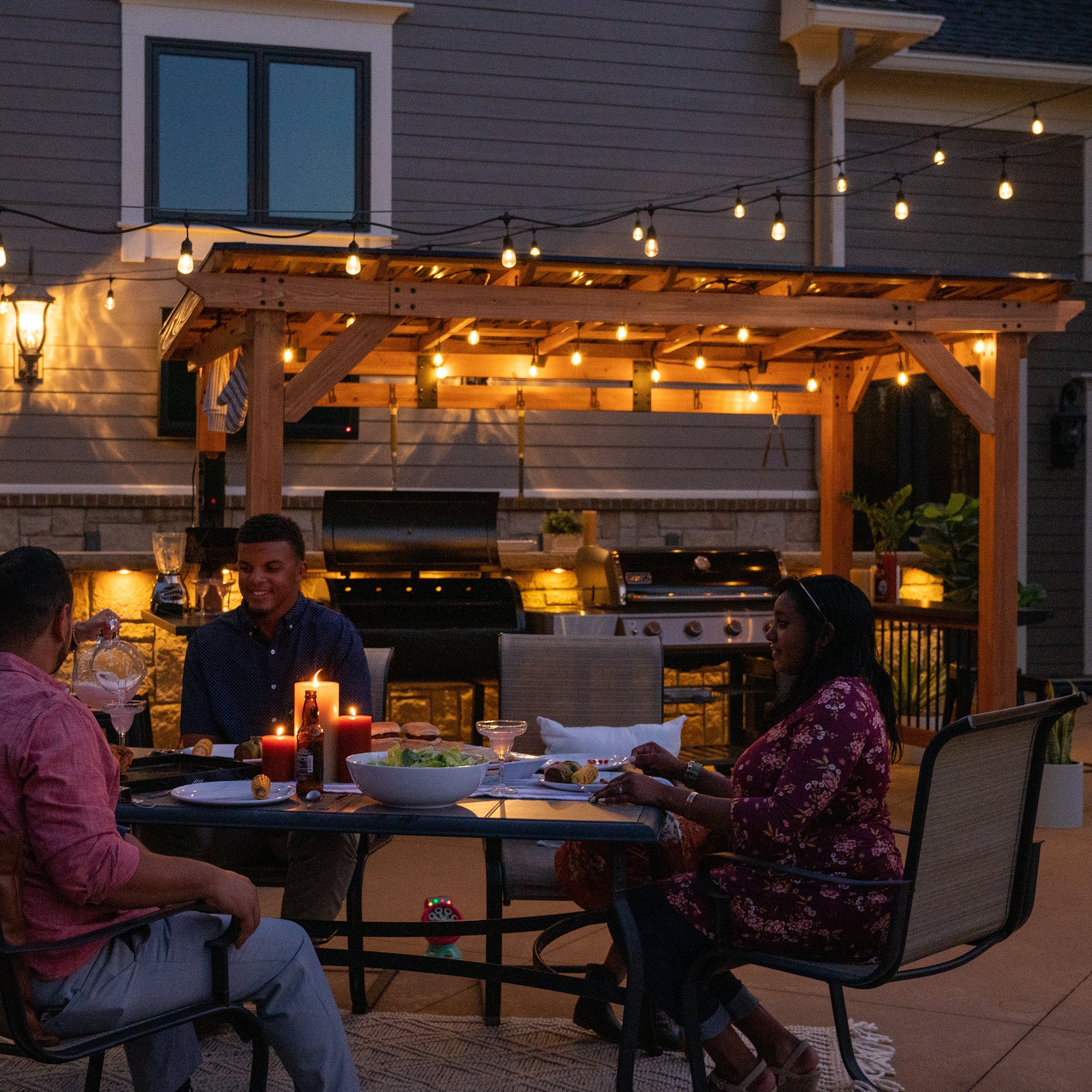 Saxony XL Grill Gazebo Lights at night in outdoor gardeen BBQ